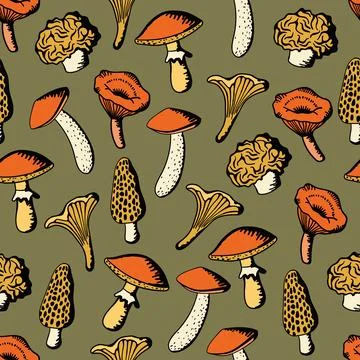 A charming seamless pattern featuring an array of whimsical mushrooms, set Stock Illustration