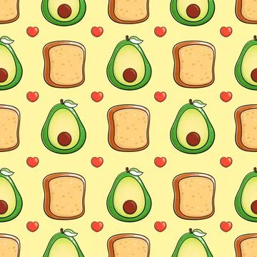 Charming seamless pattern featuring avocados, toast slices, and lovely red .. Stock Illustration