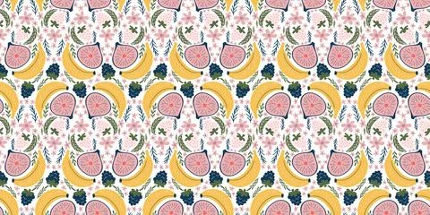 Charming seamless pattern featuring bananas, figs, blackberries, white stra.. Stock Illustration