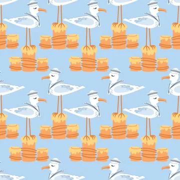 A charming seamless pattern featuring a cute seagull wearing a white sailor cap Stock Illustration
