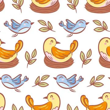A charming seamless pattern featuring cute birds nestled in a nest, alongsi.. Stock Illustration