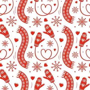 A charming seamless pattern featuring mittens and heart-shaped scarves, perfe Stock Illustration