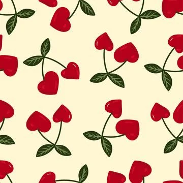 Charming seamless pattern featuring red hearts and cherries Stock Illustration