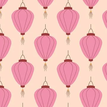 Charming seamless pattern with pink Chinese lanterns on soft peach background in Stock Illustration