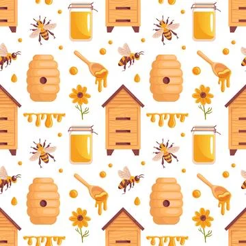 A charming seamless vector pattern featuring beehives, bees, honey, and colorful Illustrazione stock