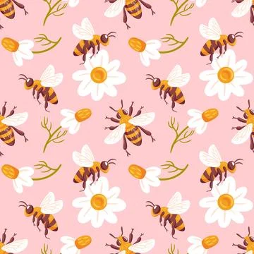 A charming seamless vector pattern featuring bees and daisies, celebrating Illustrazione stock