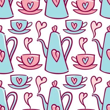 Charming seamless vector pattern of teacups and heart-shaped teapots, delicate Illustrazione stock