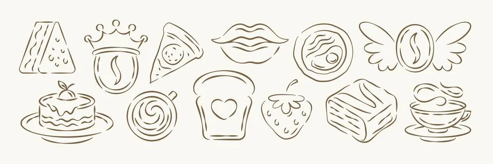 A charming set of hand drawn cafe and bakery icons. A whimsical vector illust 스톡 일러스트