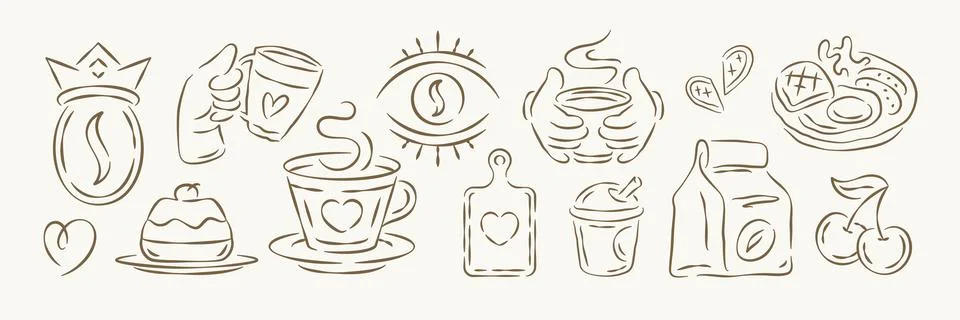 A charming set of hand drawn coffee and breakfast icons. A whimsical vector i Ilustración de archivo