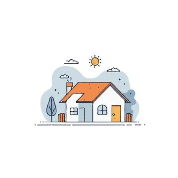 Charming Simple House Illustration Under a Bright Sun Showcasing Serene Dom.. Ilustración de archivo
