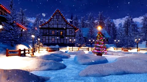 Charming snow covered alpine village with Christmas tree at night Stock Footage 333484530