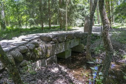 A charming stone bridge spans a small stream in the tranquil Finnish Forest.. Stock Photos