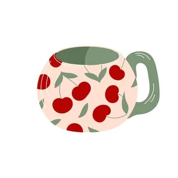 Charming tea cup with cherry and leaf ornament in flat style. Isolated on a Illustrazione stock