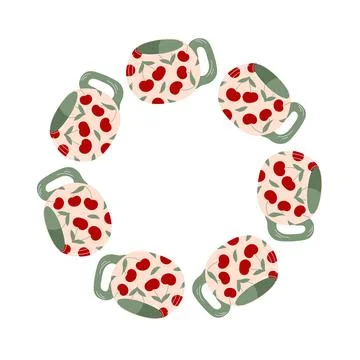 Charming tea cup with cherry and leaf wreath in flat style. Design for breakfast Stock Illustration