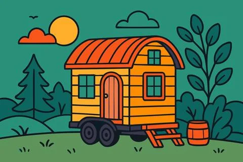 Charming tiny house on wheels in a lush forest landscape Ilustração Stock