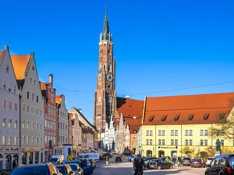 Charming Town Square of Landshut with Historic Clock Tower Stock Photos