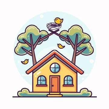 Charming vector illustration cozy yellow house, trees nested birds, cheerful Stock Illustration