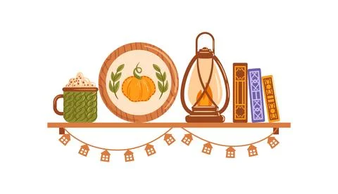 This charming vector illustration features a cozy fall decor shelf adorned with Stock Illustration