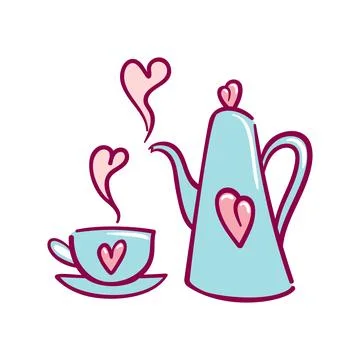 A charming vector illustration of a teapot and teacup adorned with heart motifs Illustrazione stock