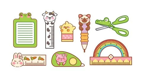 Charming vector illustrations of adorable stationery designed for kids Stock Illustration
