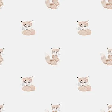 Charming watercolor fox pattern on a seamless white background for textile .. Stock Illustration