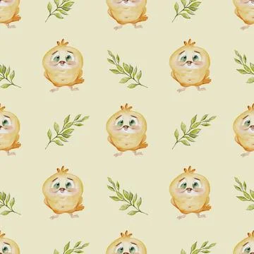 Charming watercolor pattern featuring cute chickens and leaves on a soft ye.. Stock Illustration