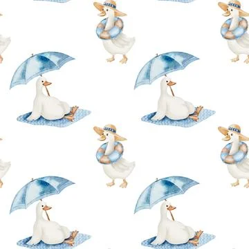 Charming watercolor pattern featuring geese relaxing under umbrellas on a w.. Stock Illustration