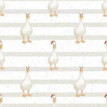 Charming watercolor pattern featuring geese in festive hats on a textured b.. Stock Illustration