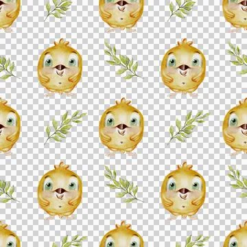 Charming watercolor pattern featuring playful chickens and leaves for texti.. Stock Illustration
