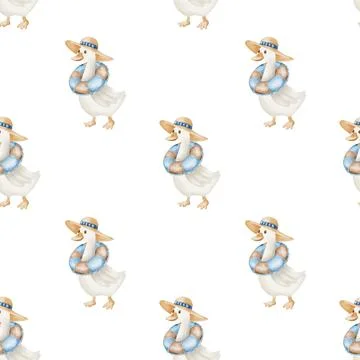 Charming watercolor pattern featuring playful geese in hats and life rings .. Stock Illustration