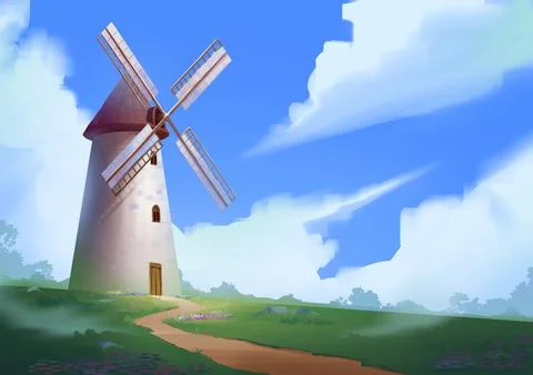 Charming Windmill on a Green Hill Under Blue Sky Stock Illustration