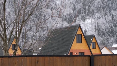 Charming winter cottages surrounded by snow-covered trees in a rural village Видео 301918151