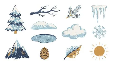 Charming winter landscape elements including snowy trees mountains clouds i.. 库存插图