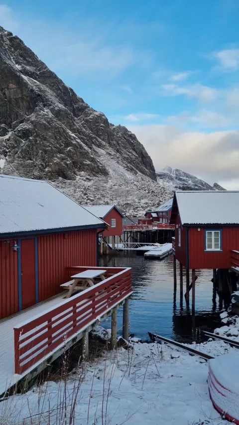 Charming winter views of the historic fishing village A (Å) in Lofoten, Norway,  Video stock 319848853