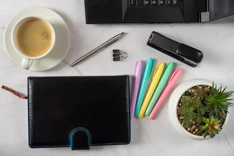 Charming Workspace Setup, Artistic Desk Arrangement Featuring Essentials Stock Photos