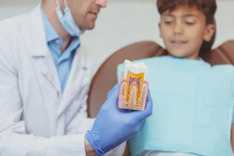 Charming young boy getting teeth checkup at the dentist Stock Photos