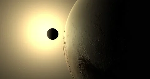 Charon and Pluto orbiting with the sun at background Stock Footage 221752343