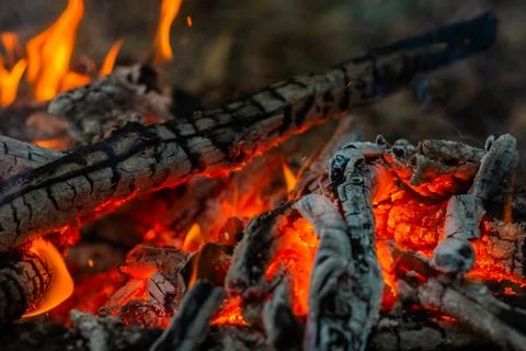 Charred logs and bright fire in a close up campfire shot Stock Photos