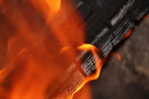 Charred logs in a fire close-up. Fire. The heat from the fireplace. Stock Photos