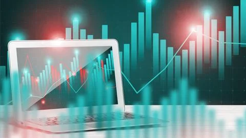 Chart analysis on laptop screen showing data trends and financial growth Stock Photos