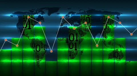 Chart and graph on background of the world map. Map of Earth from binary code Illustrazione stock
