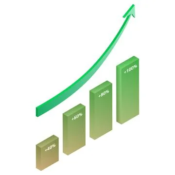 Chart and upward arrow isometric in green color isolated on white background. Stock Illustration