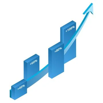 Chart and upward arrow isometric in blue color isolated on white background.  Stock Illustration