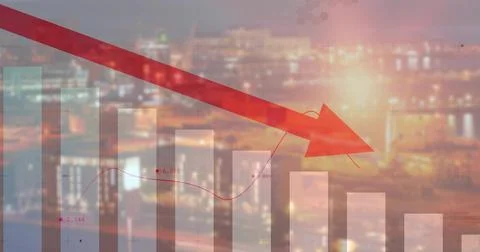 Chart animating as red arrow entering top-left, data line moving right, bars Stock Photos