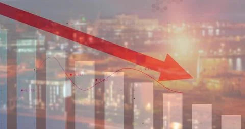 Chart animating as red arrow entering top-left, data line moving right, bars 库存照片