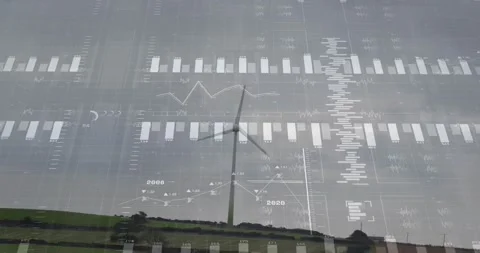 Chart appearing triggers data layers expanding, turbine blades rotating, Stock Footage 320088913