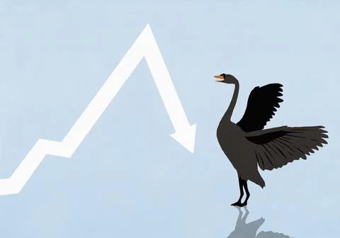 Chart arrow dropping deeply in front of black swan with spread wings Illustrazione stock