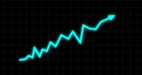 Chart arrow irregular still goes up blue light glow on black grid Vídeo Stock 336178232