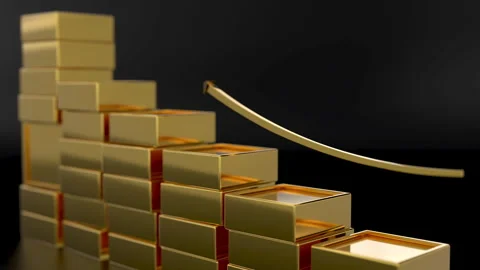 Chart arrow rising up. Falling golden bricks create graph stock chart. Видео 322763497