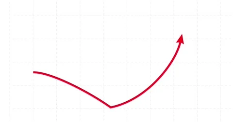 Chart arrow smooth red bow shape goes down and up on white grid. Stock Footage 328575966
